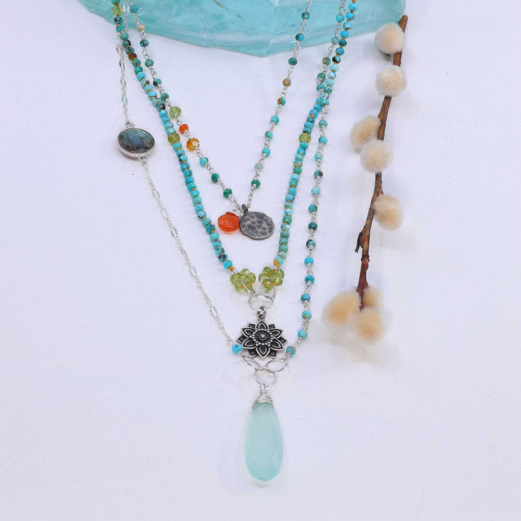 Beach Walk - Turquoise Labradorite Chalcedony Silver Necklace layering image | Breathe Autumn Rain Artisan Jewelry