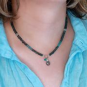Azores - Navy Kyanite and Apatite Knotted Necklace life style image | Breathe Autumn Rain Artisan Jewelry