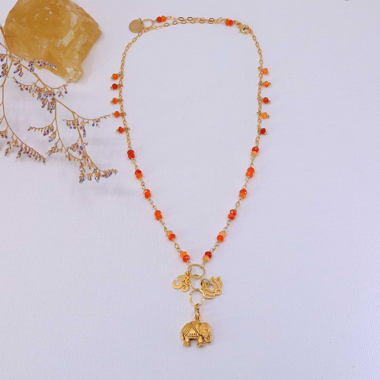 Bali in Bloom - Carnelian Gold Elephant Lotus Om Pendants Necklace main image | Breathe Autumn Rain Artisan Jewelry