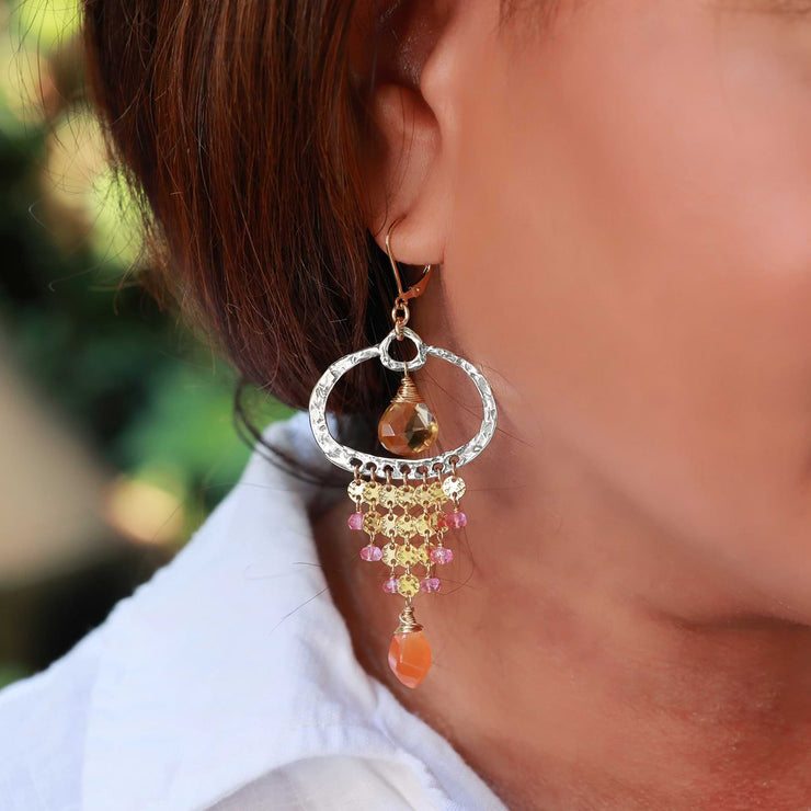 Barritz - Citrine, Carnelian and Pink Topaz Drop Earrings life style image | Breathe Autumn Rain Artisan Jewelry