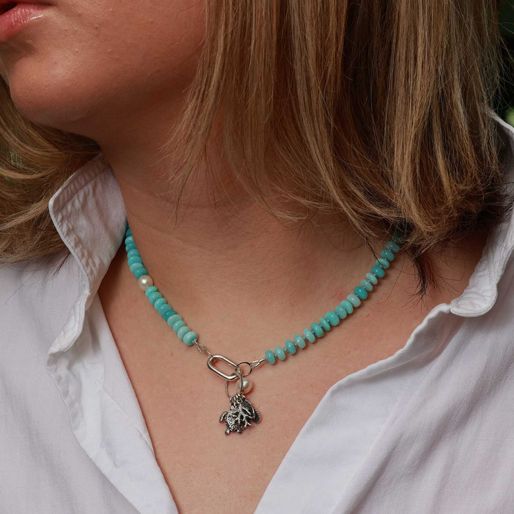 Beach Life - Peruvian Opal Silk Knotted Necklace with Silver Beach Charms main image | Breathe Autumn Rain Artisan Jewelry life style alt image | Breathe Autumn Rain Artisan Jewelry