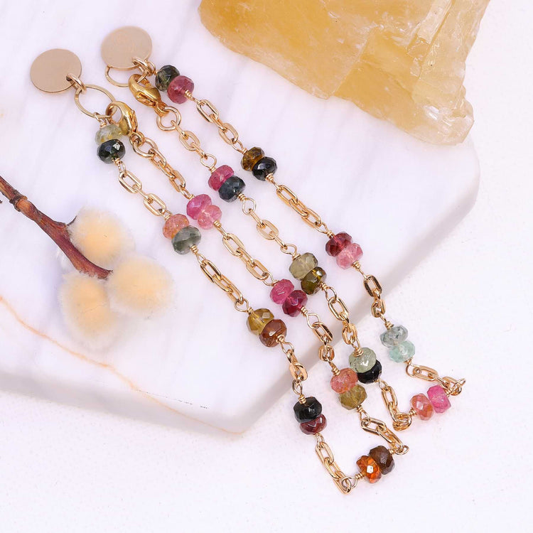 Bexley II - Multi Tourmaline Gold Chain Link Stacking Bracelet alt image | Breathe Autumn Rain Artisan Jewelry