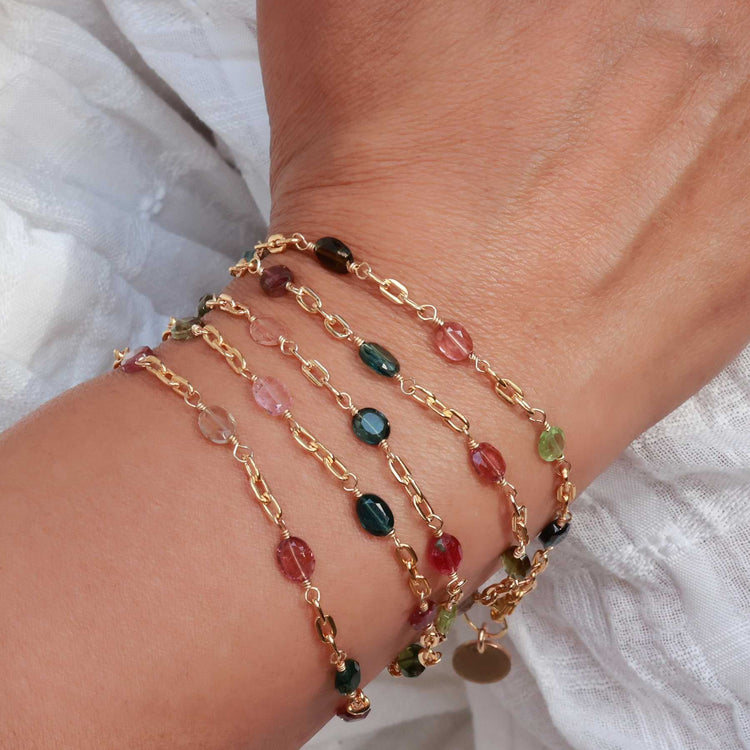 Bexley - Multi Tourmaline Gold Chain Link Stacking Bracelet life style image | Breathe Autumn Rain Artisan Jewelry