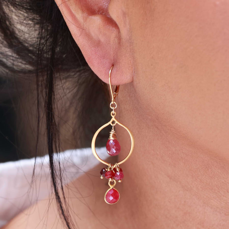 Bijou - Ruby and Pink Sapphire Gold Chandelier Earrings life style image | Breathe Autumn Rain Artisan Jewelry