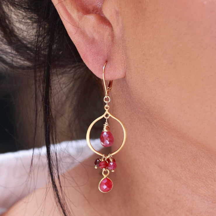 Bijou - Ruby and Pink Sapphire Gold Chandelier Earrings life style image | Breathe Autumn Rain Artisan Jewelry