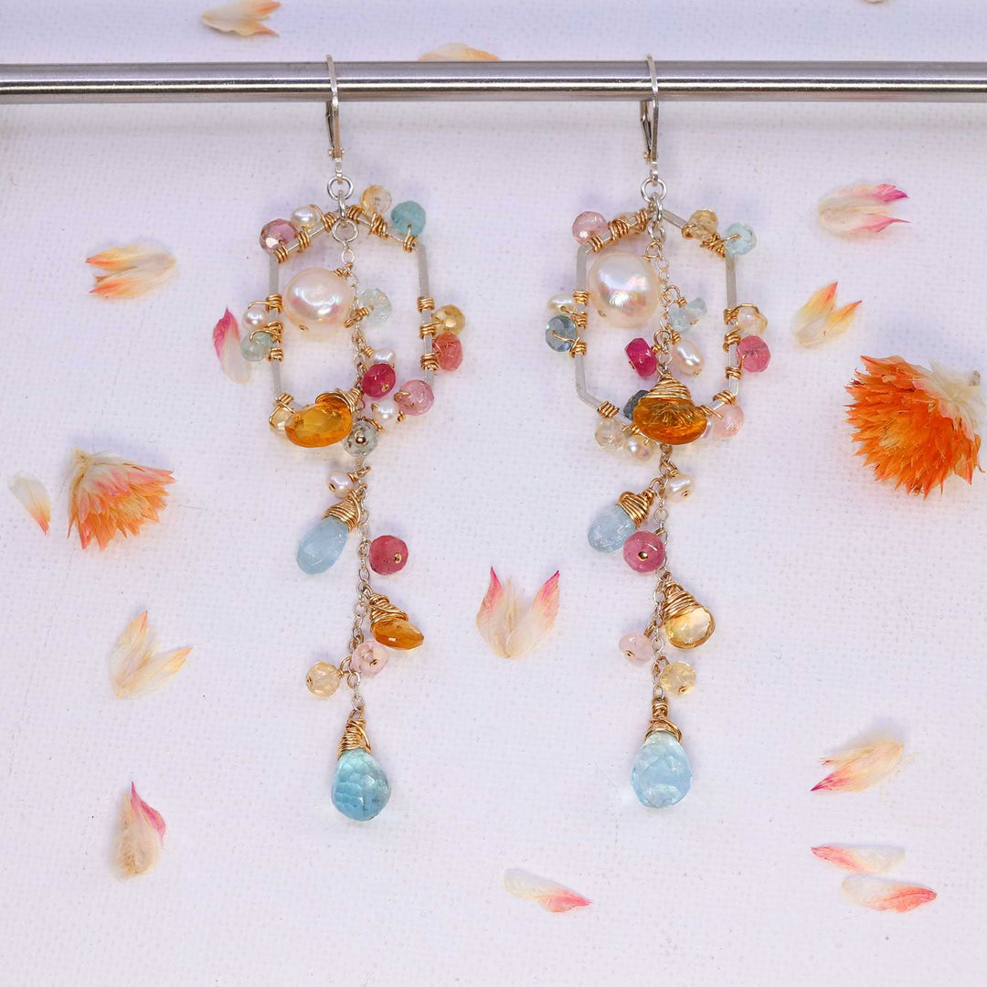 Birthday Cake - Aquamarine and Pearl Drop Chandelier Earrings alt image | Breathe Autumn Rain Artisan Jewelry