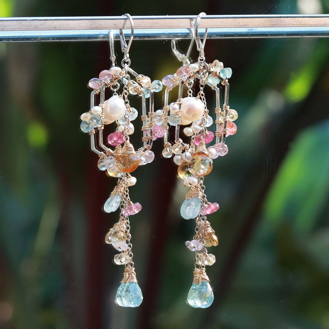Birthday Cake - Aquamarine and Pearl Drop Chandelier Earrings alt image | Breathe Autumn Rain Artisan Jewelry