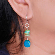 Blue Water - Chrysocolla and Turquoise Silver Earrings life style image | Breathe Autumn Rain Artisan Jewelry
