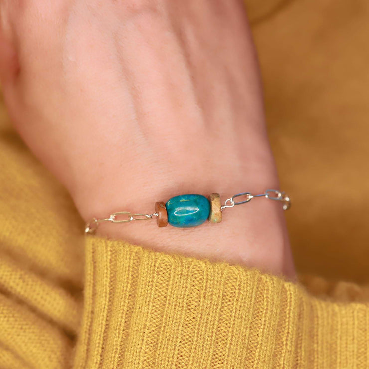Blue Water - Chrysocolla Silver Stacking Bracelet life style image | Breathe Autumn Rain Artisan Jewelry