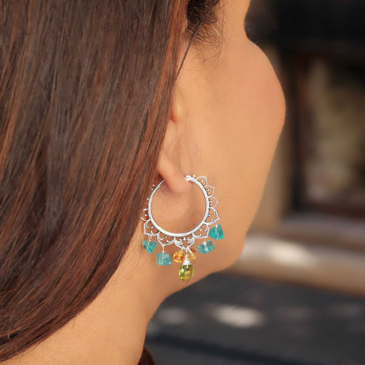 Breathe - Apatite Citrine Peridot Silver Hoop Earrings life style image | Breathe Autumn Rain Artisan Jewelry