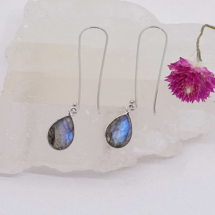 Brunswick - Long Labradorite Sterling Silver Earrings alt image | Breathe Autumn Rain Artisan Jewelry