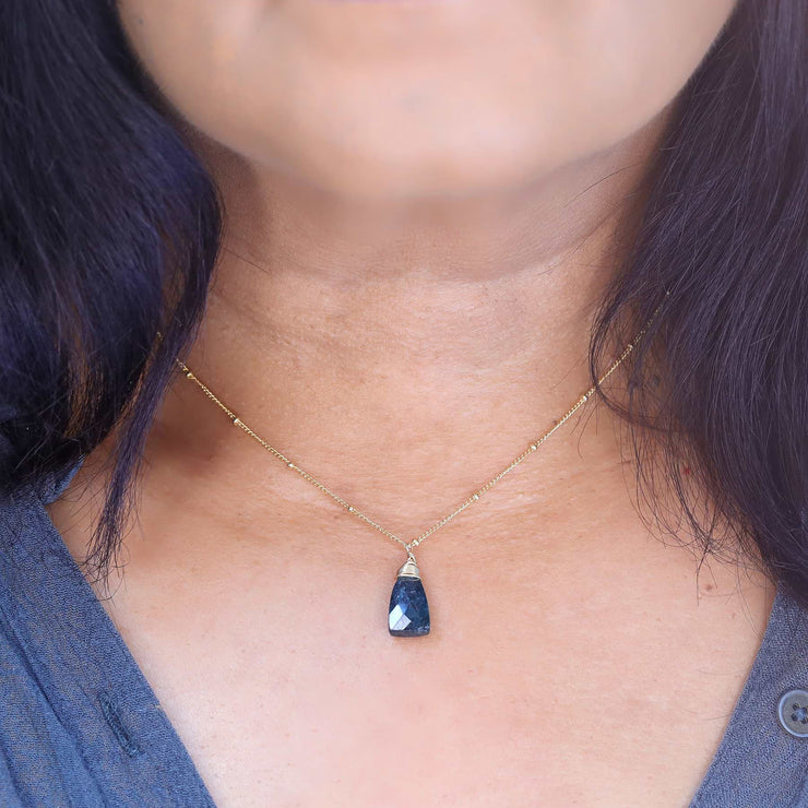Camden - Kyanite Pendant Gold Necklace life style image | Breathe Autumn Rain Artisan Jewelry