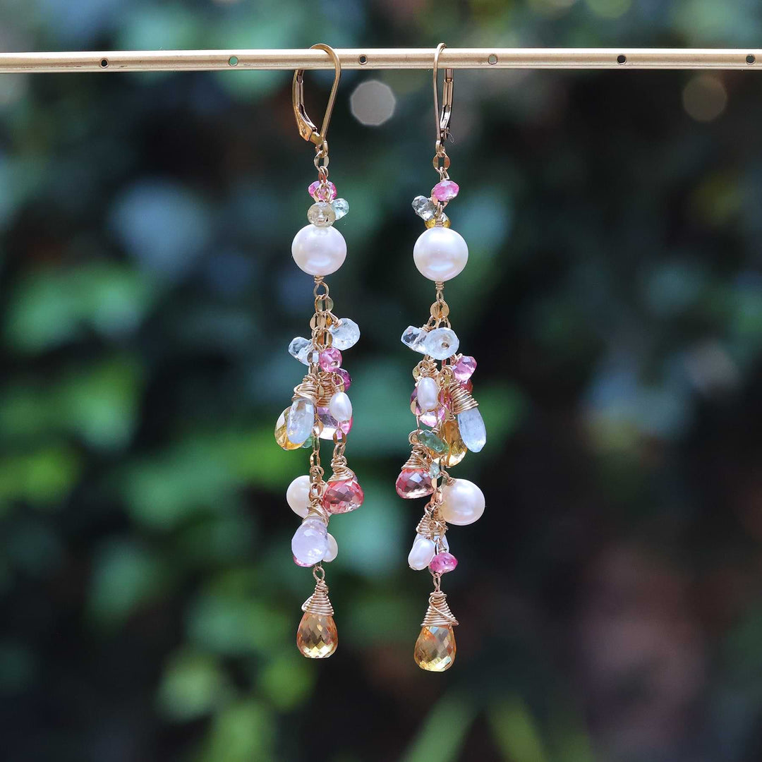 Camille - Multi Gemstone and Pearl Gold Cluster Earrings alt image | Breathe Autumn Rain Artisan Jewelry