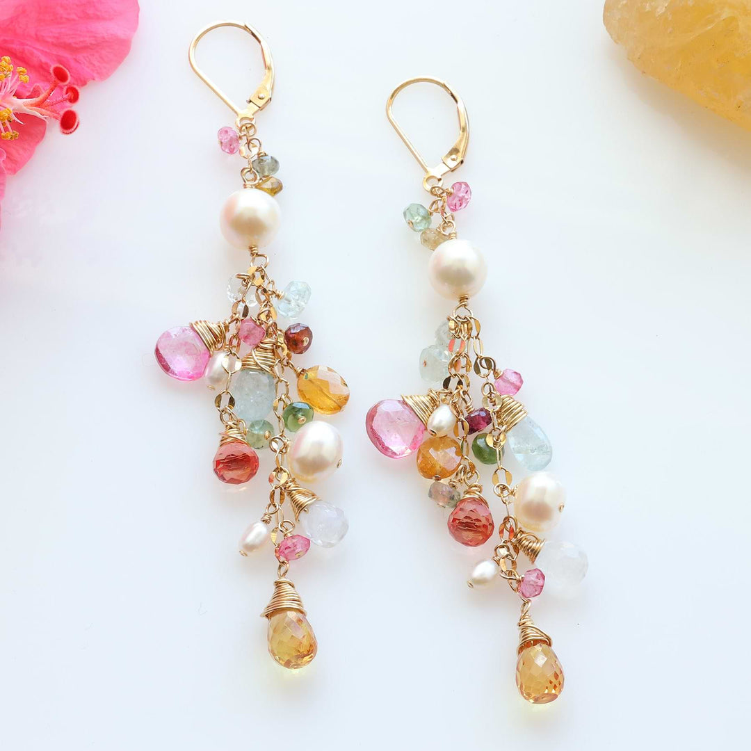 Camille - Multi Gemstone and Pearl Gold Cluster Earrings alt image | Breathe Autumn Rain Artisan Jewelry