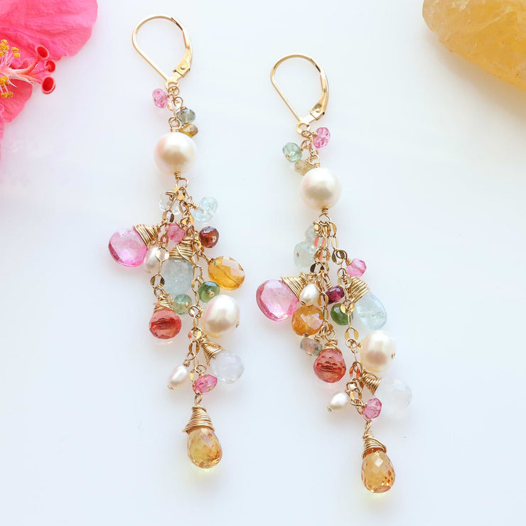 Camille - Multi Gemstone and Pearl Gold Cluster Earrings alt image | Breathe Autumn Rain Artisan Jewelry
