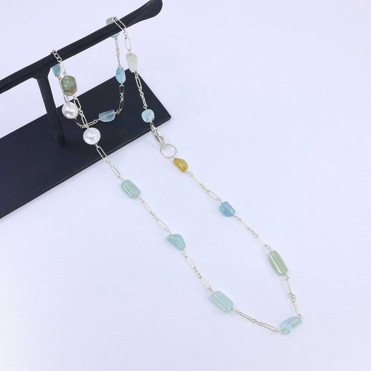 Carmel - Aquamarine and Pearl Sterling Silver Necklace main image | Breathe Autumn Rain Artisan Jewelry
