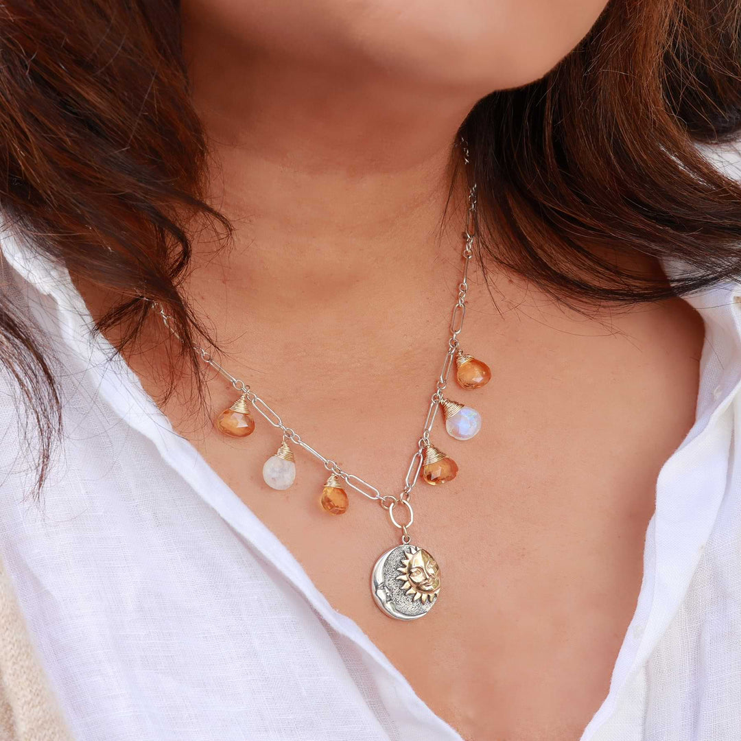 Celestial Affair - Citrine and Moonstone Silver Celestial Pendant Necklace main image | Breathe Autumn Rain Artisan Jewelry life style image | Breathe Autumn Rain Artisan Jewelry