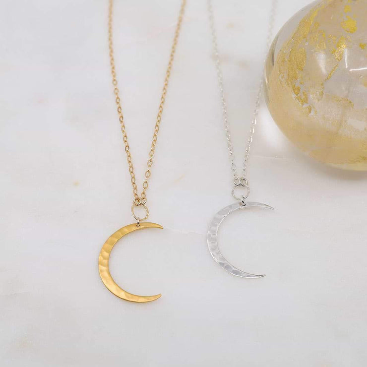 Chandra and Artemis - Large Hammered Waning Crescent Moon Necklace | Breathe Autumn Rain