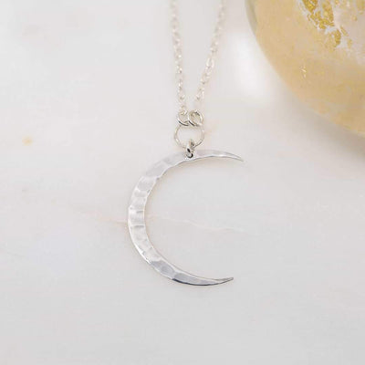 Chandra - Large Sterling Silver Hammered Waning Crescent Moon Necklace - alt image | Breathe Autumn Rain