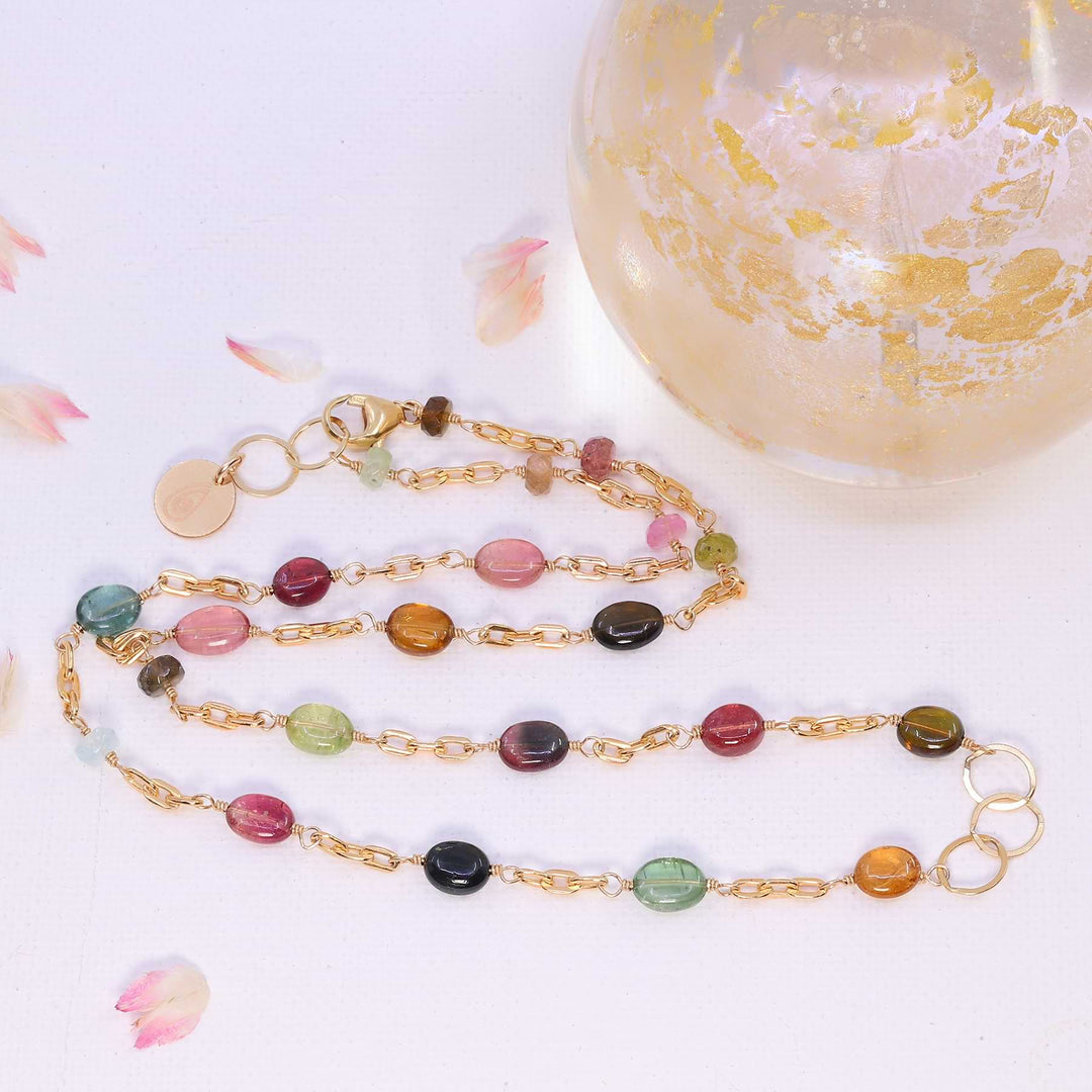 Chelsea - Multi Tourmaline Gold Chain Link Necklace image 2 | Breathe Autumn Rain Artisan Jewelry
