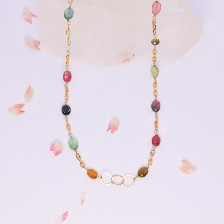 Chelsea - Multi Tourmaline Gold Chain Link Necklace image 4 | Breathe Autumn Rain Artisan Jewelry