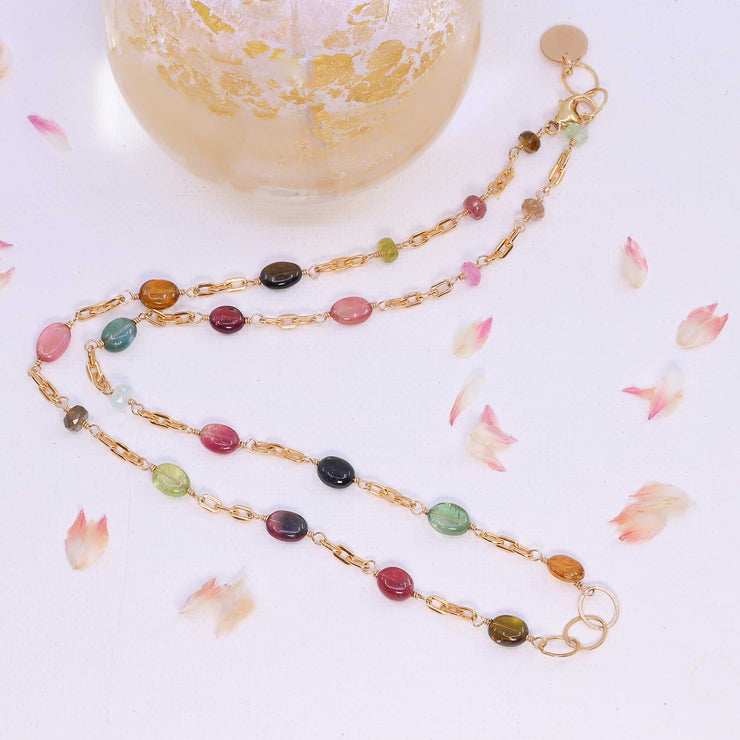 Chelsea - Multi Tourmaline Gold Chain Link Necklace image 3 | Breathe Autumn Rain Artisan Jewelry