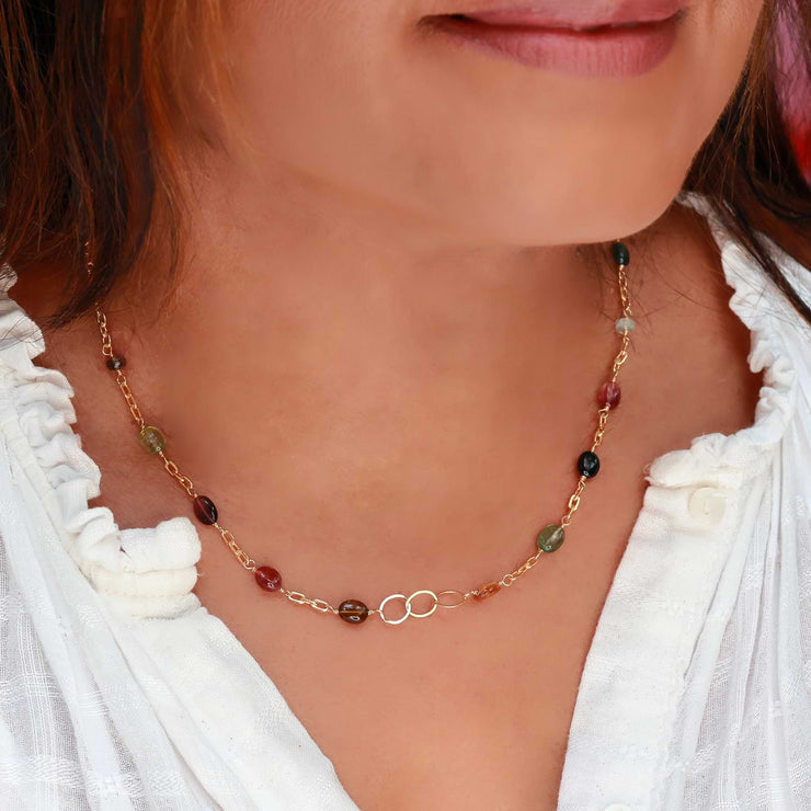 Chelsea - Multi Tourmaline Gold Chain Link Necklace life style | Breathe Autumn Rain Artisan Jewelry