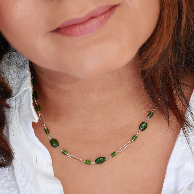 Cloud Forest - Chrome Diopside Silver Necklace life style image | Breathe Autumn Rain Artisan Jewelry