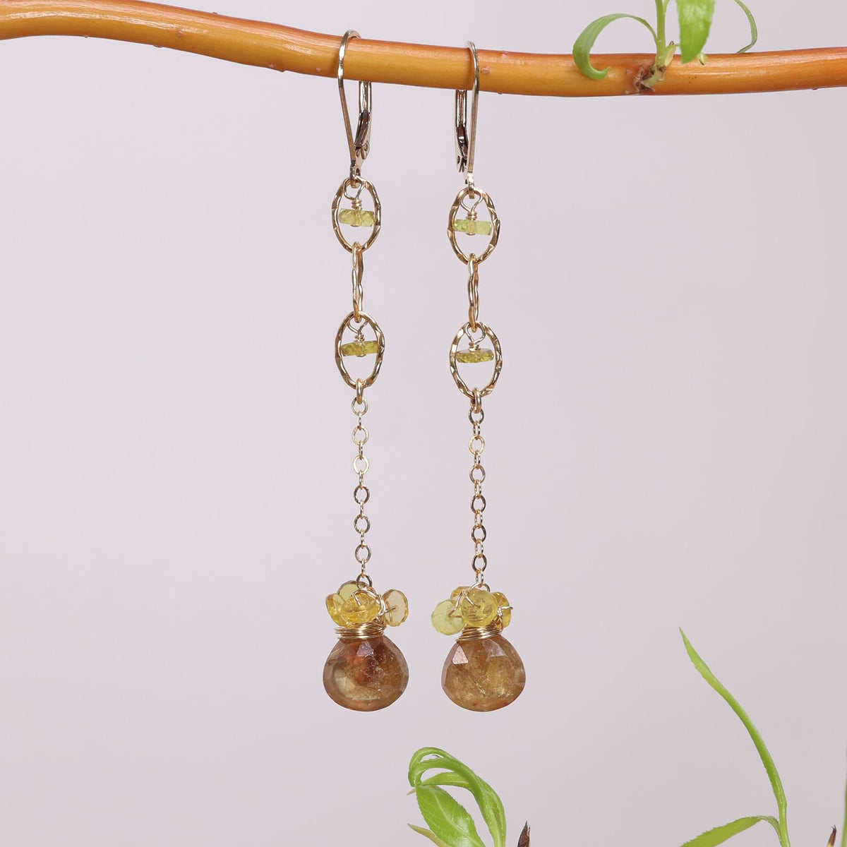 Cloudiest Days - Amber Sapphire Gold Drop Earrings main image | Breathe Autumn Rain