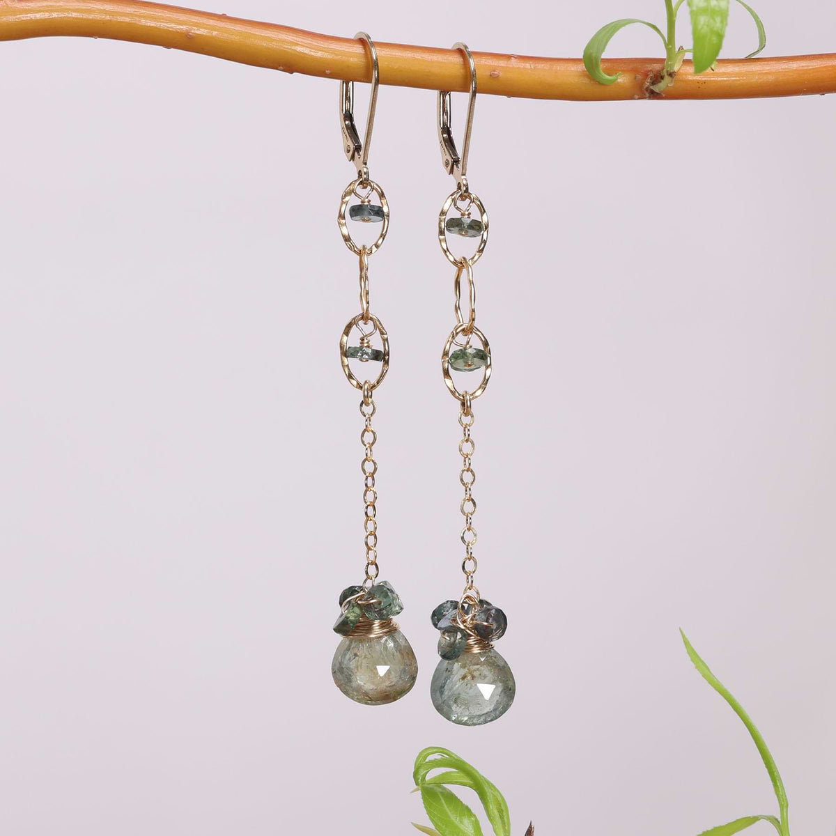 Cloudiest Days - Fern Sapphire Gold Drop Earrings main image | Breathe Autumn Rain