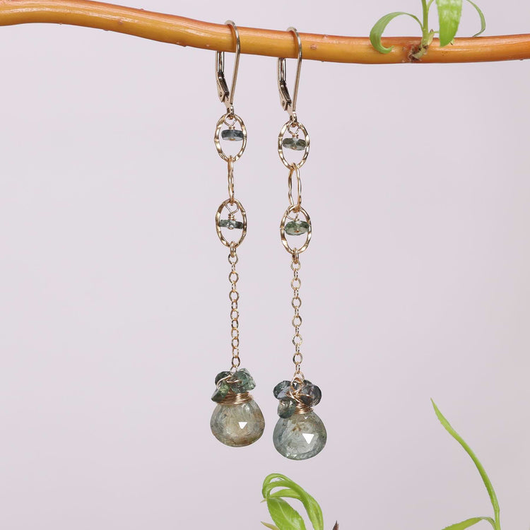 Cloudiest Days - Fern Sapphire Gold Drop Earrings main image | Breathe Autumn Rain
