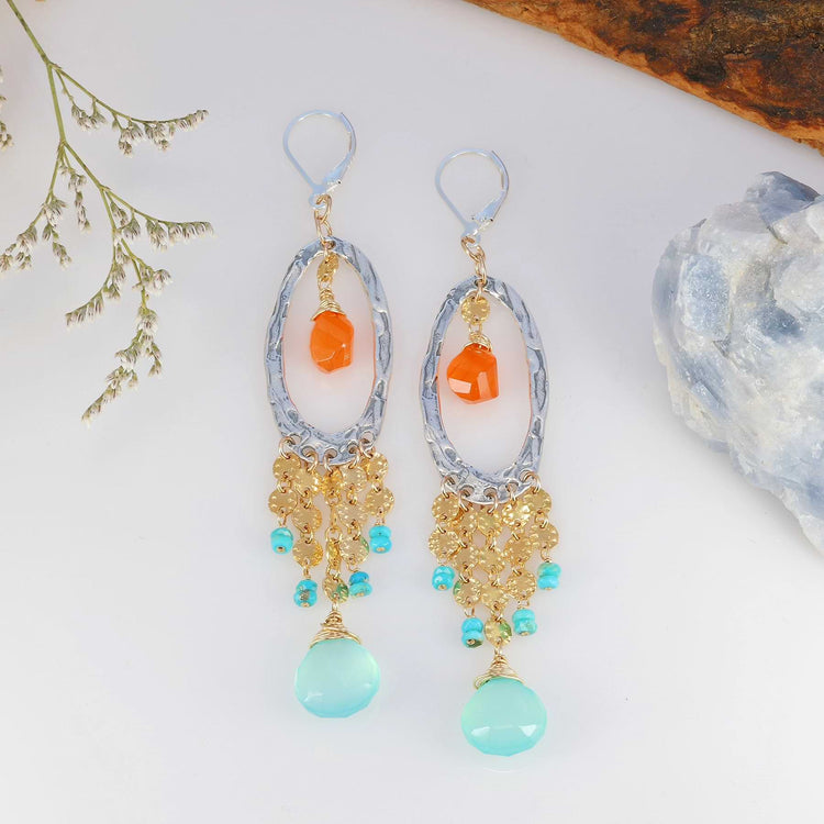 Cote d'Azur - Carnelian, Aqua Chalcedony and Turquoise Drop Earrings main image | Breathe Autumn Rain Artisan Jewelry