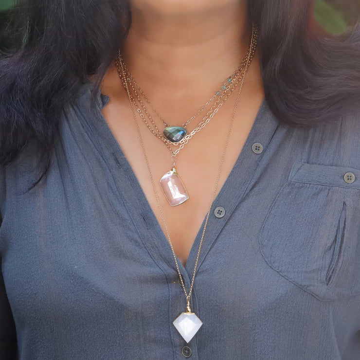 Manifestation - Quartz Crystal Gold Pendant Necklace life style layering image | Breathe Autumn Rain Artisan Jewelry