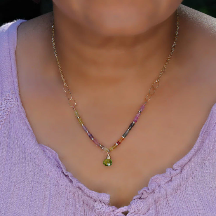 Desert Sky - Multi Pastel Sapphire and Peridot Necklace life style image | Breathe Autumn Rain Artisan Jewelry