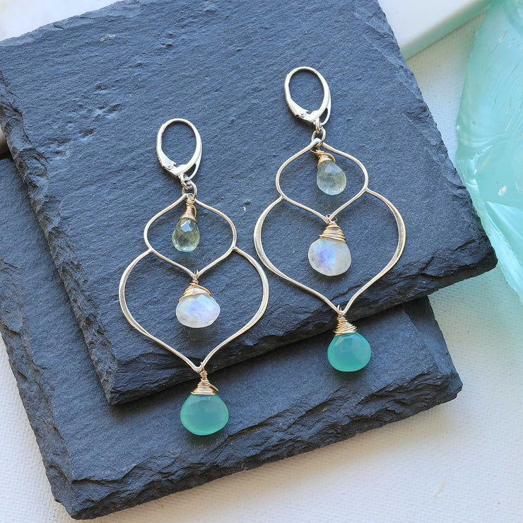 Dharma-Double - Lotus Petal Chandelier Earrings with Seafoam Chalcedony alt image | Breathe Autumn Rain Artisan Jewelry