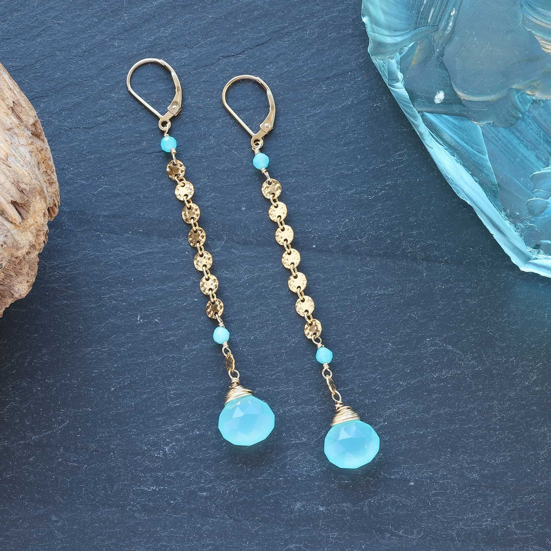 Aqua Chalcedony and Amazonite Gold Earrings Breathe Autumn Rain