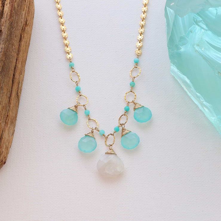 Driftwood - Aqua Chalcedony and Moonstone Gold Statement Necklace alt image | Breathe Autumn Rain Artisan Jewelry