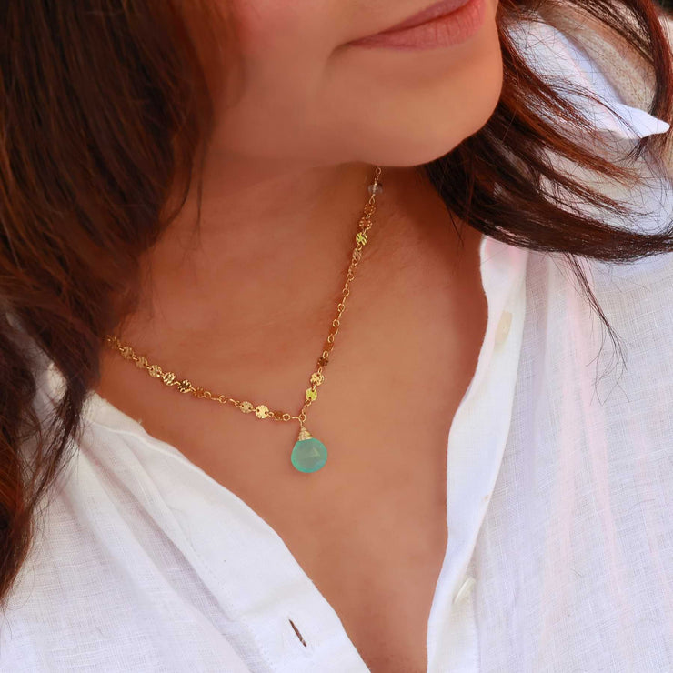 Driftwood - Aqua Chalcedony Dainty Gold Necklace life style image | Breathe Autumn Rain Artisan Jewelry