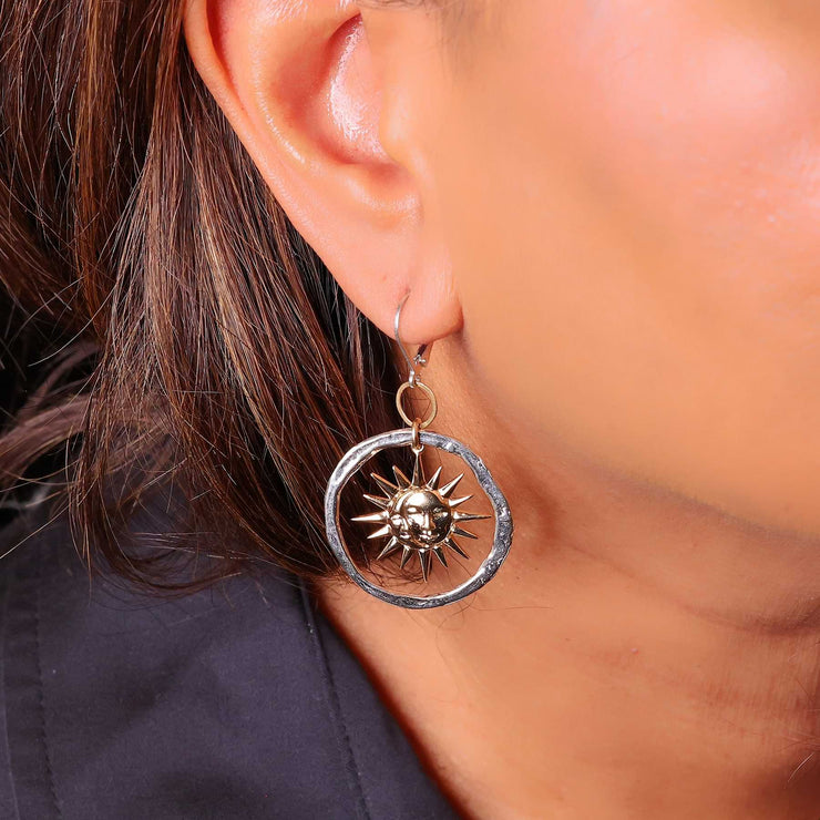 Eclipse - Mixed Metal Celestial Hoop Earrings life style image | Breathe Autumn Rain Artisan Jewelry