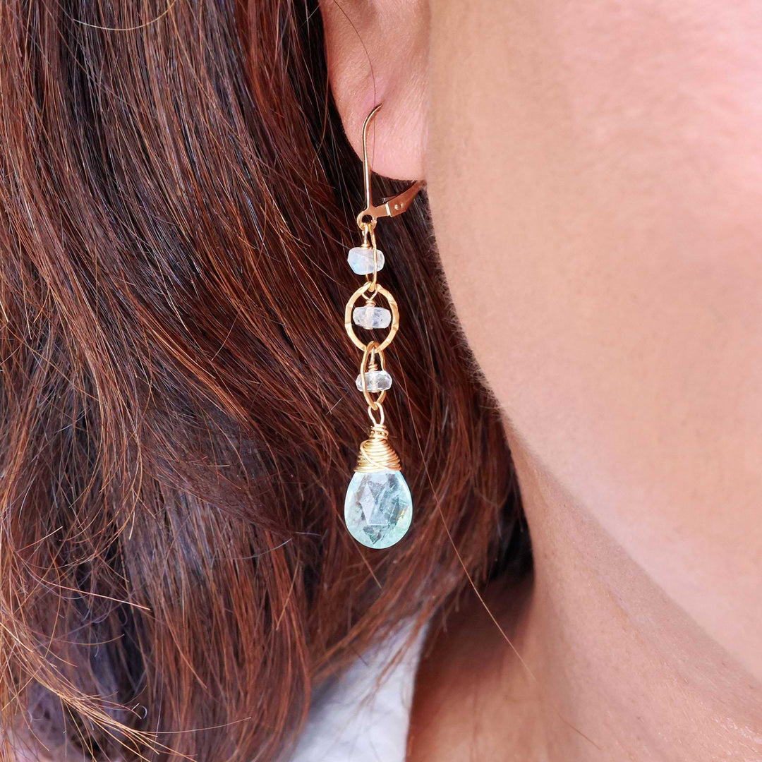 Enchanted - Aquamarine and Moonstone Gold Tiered Earrings life style image | Breathe Autumn Rain Artisan Jewelry