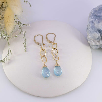 Enchanted - Aquamarine and Moonstone Gold Tiered Earrings main image | Breathe Autumn Rain Artisan Jewelry