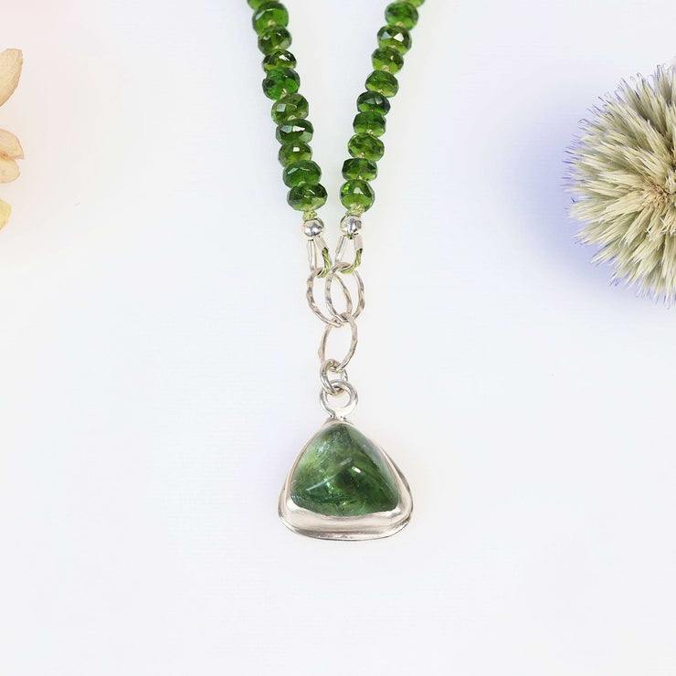Enchanted Garden - Green Tourmaline and Chrome Diopside Silver Silk Knotted Necklace close up image | Breathe Autumn Rain Artisan Jewelry
