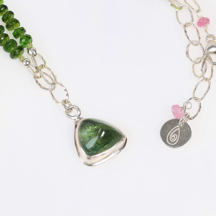 Enchanted Garden - Green Tourmaline and Chrome Diopside Silver Silk Knotted Necklace close up image | Breathe Autumn Rain Artisan Jewelry