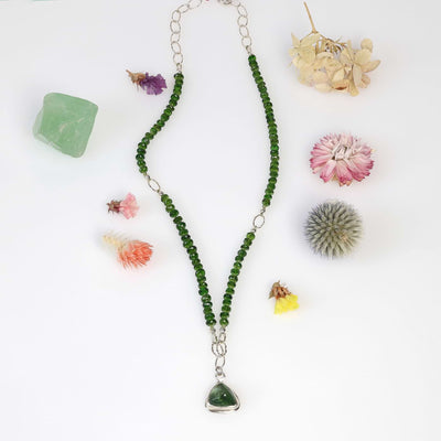 Enchanted Garden - Green Tourmaline and Chrome Diopside Silver Silk Knotted Necklace main image | Breathe Autumn Rain Artisan Jewelry