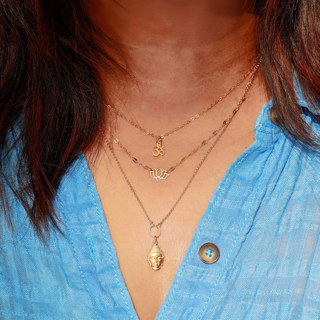 Enlightenment - Buddha Lotus Om Gold Triple-Strand Gold Necklace life style image | Breathe Autumn Rain Artisan Jewelry