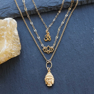 Enlightenment - Buddha Lotus Om Gold Triple-Strand Gold Necklace main image | Breathe Autumn Rain Artisan Jewelry