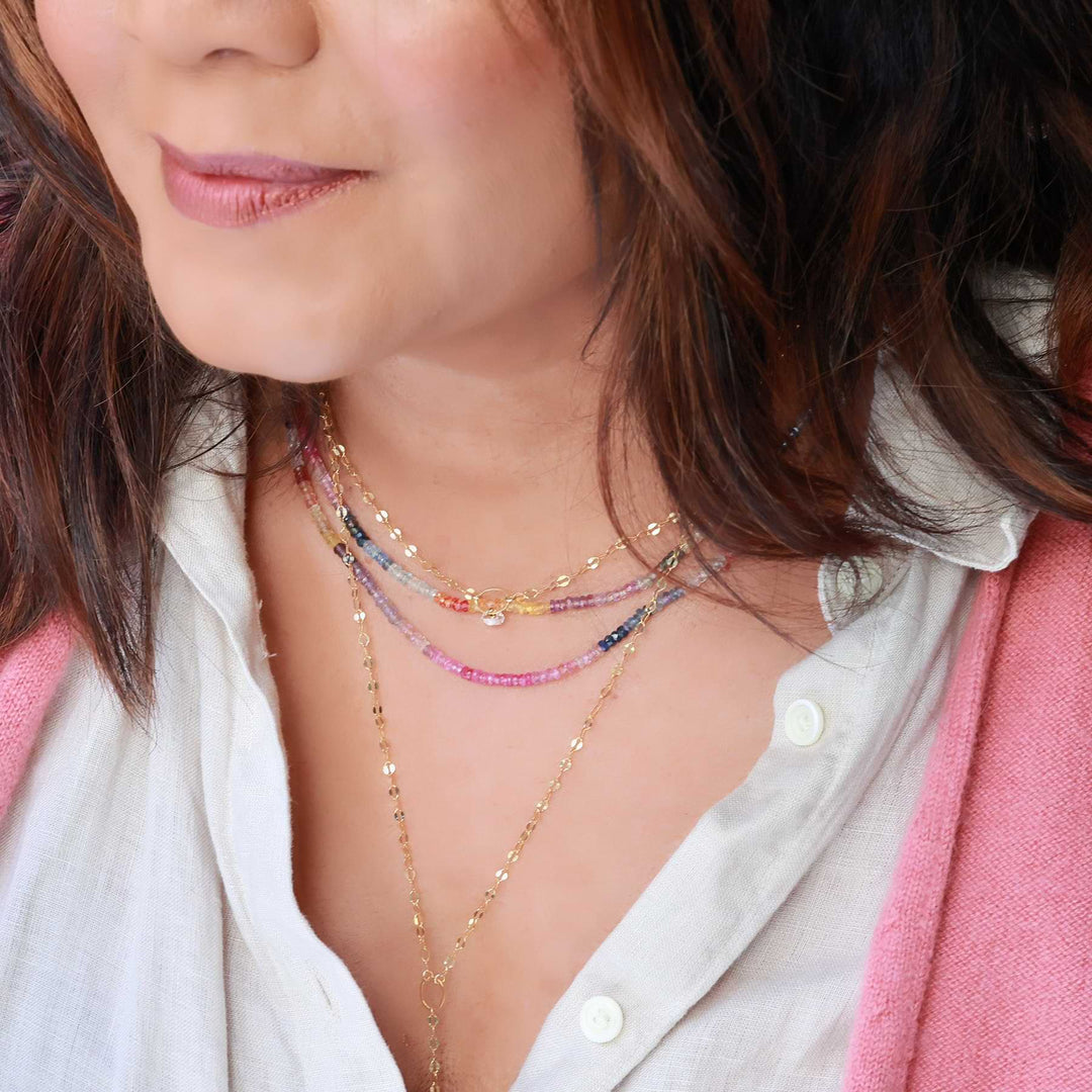 Festival of Colors - Multi-Color Sapphire Gold Necklace life style layering image | Breathe Autumn Rain Artisan Jewelry