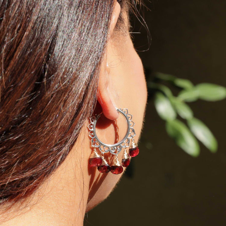 Flamenco Dance - Garnet Silver Hoop Earrings life style main image | Breathe Autumn Rain Artisan Jewelry