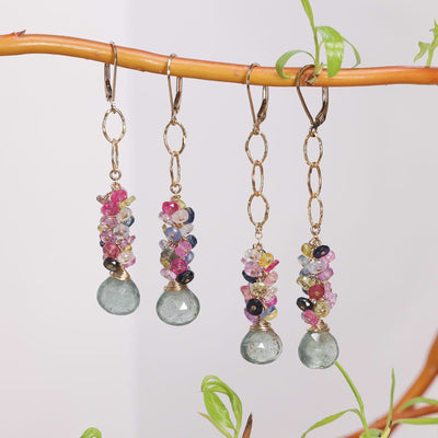 Flower Pot - Aquamarine and Multi Sapphire Gold Cluster Earrings main image | Breathe Autumn Rain Artisan Jewelry
