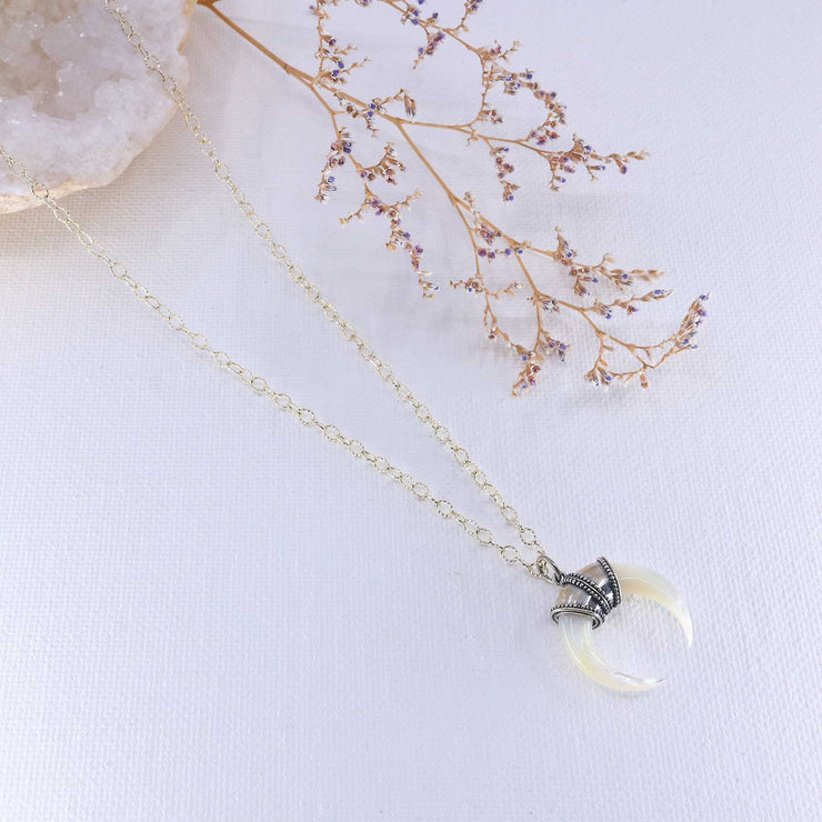 Fortuna - Mother of Pearl Double Horn Crescent Moon Necklace main image | Breathe Autumn Rain Artisan Jewelry